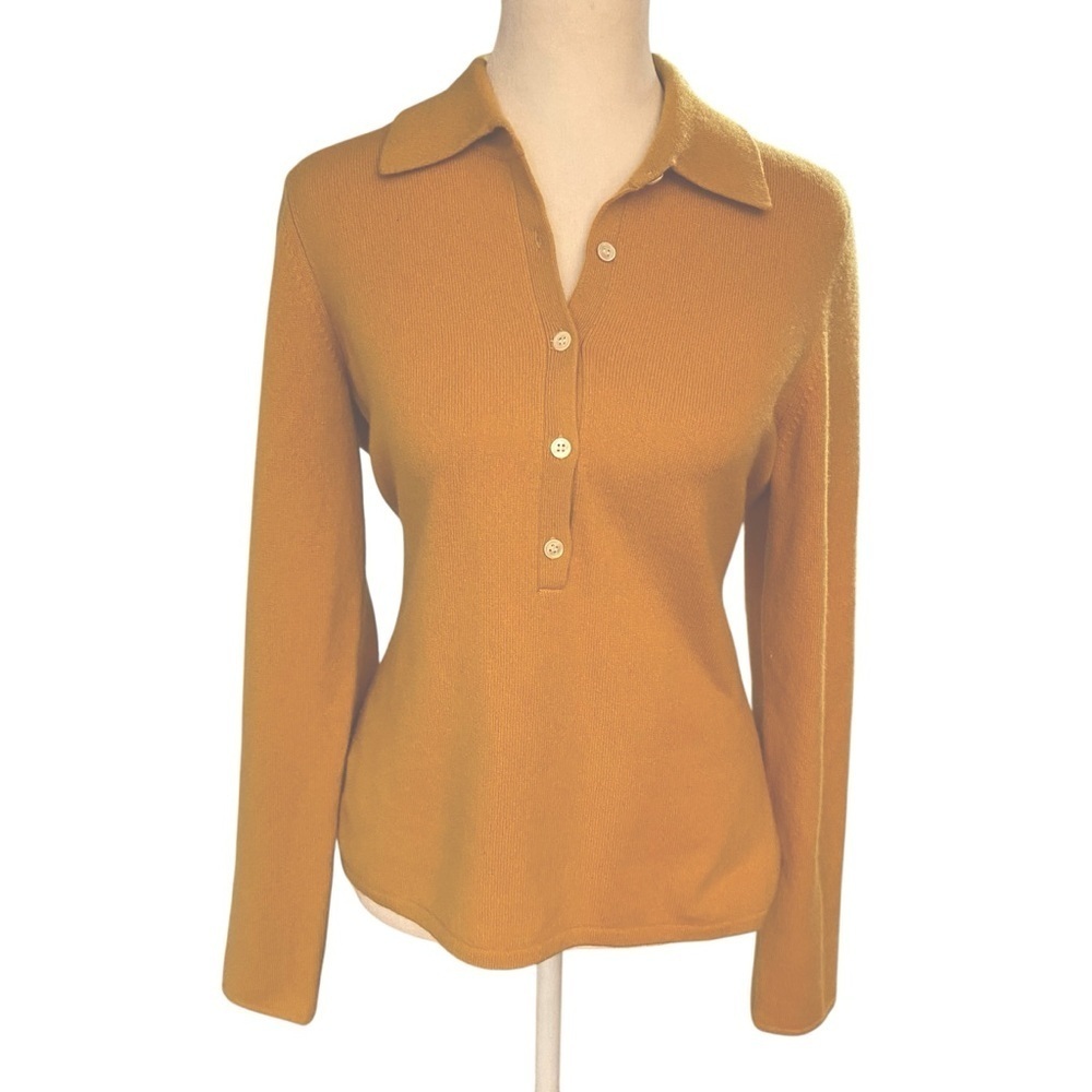 Sutton Studio 1/2 Buttoned 100% Cashmere Sweater Size M Mustard Quiet Luxury